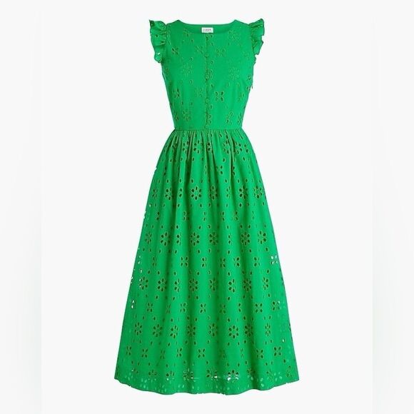 J Crew Eyelet Shirtdress Kelly Green Vintage Style A Line Midi Dress Size 00 - Picture 1 of 12